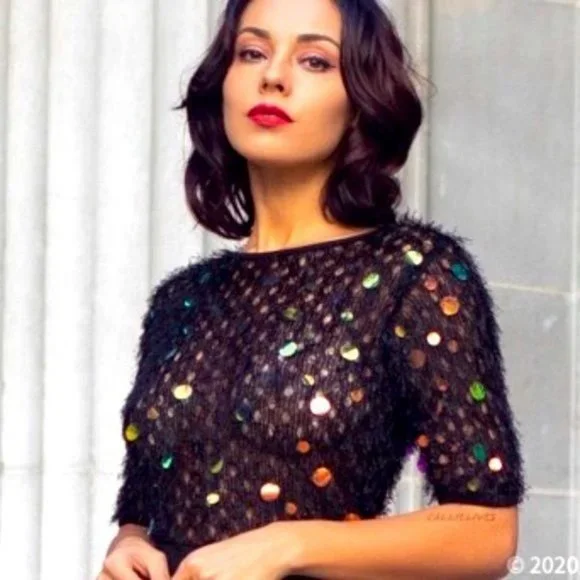 Callie Coin: Feathered Sequin Furry Knit Jumpsuit S M L - Picture 6 of 17